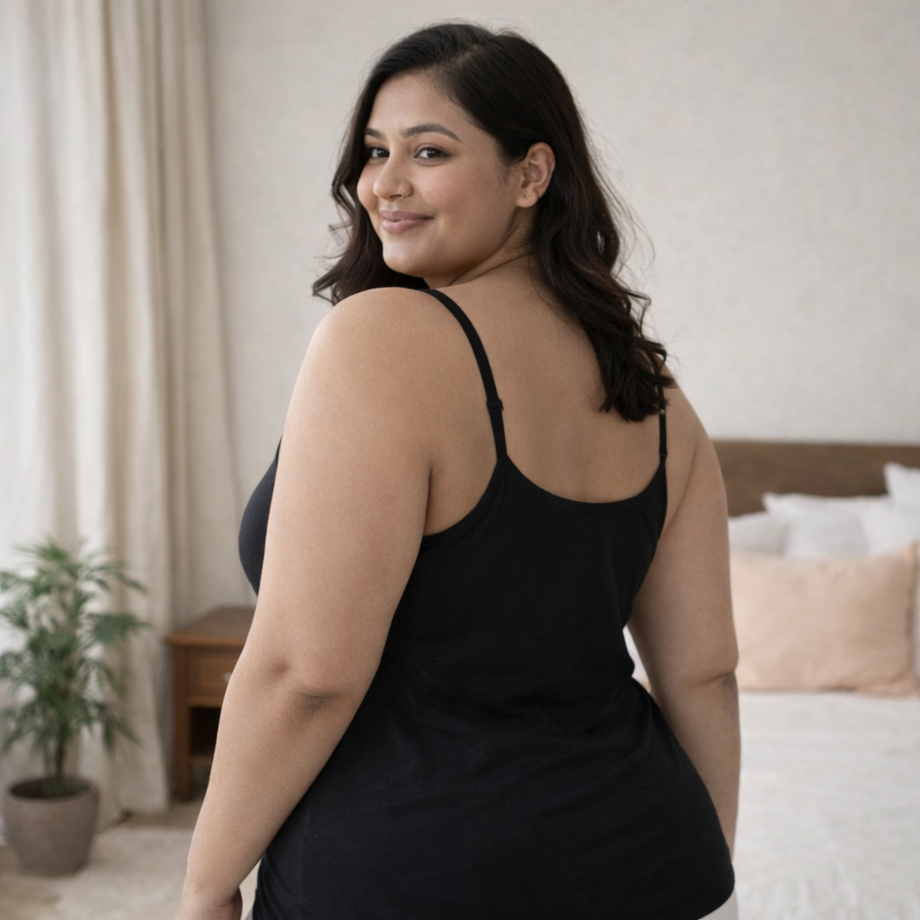 Back view of black camisole on plus size model showing adjustable straps and smooth fit design