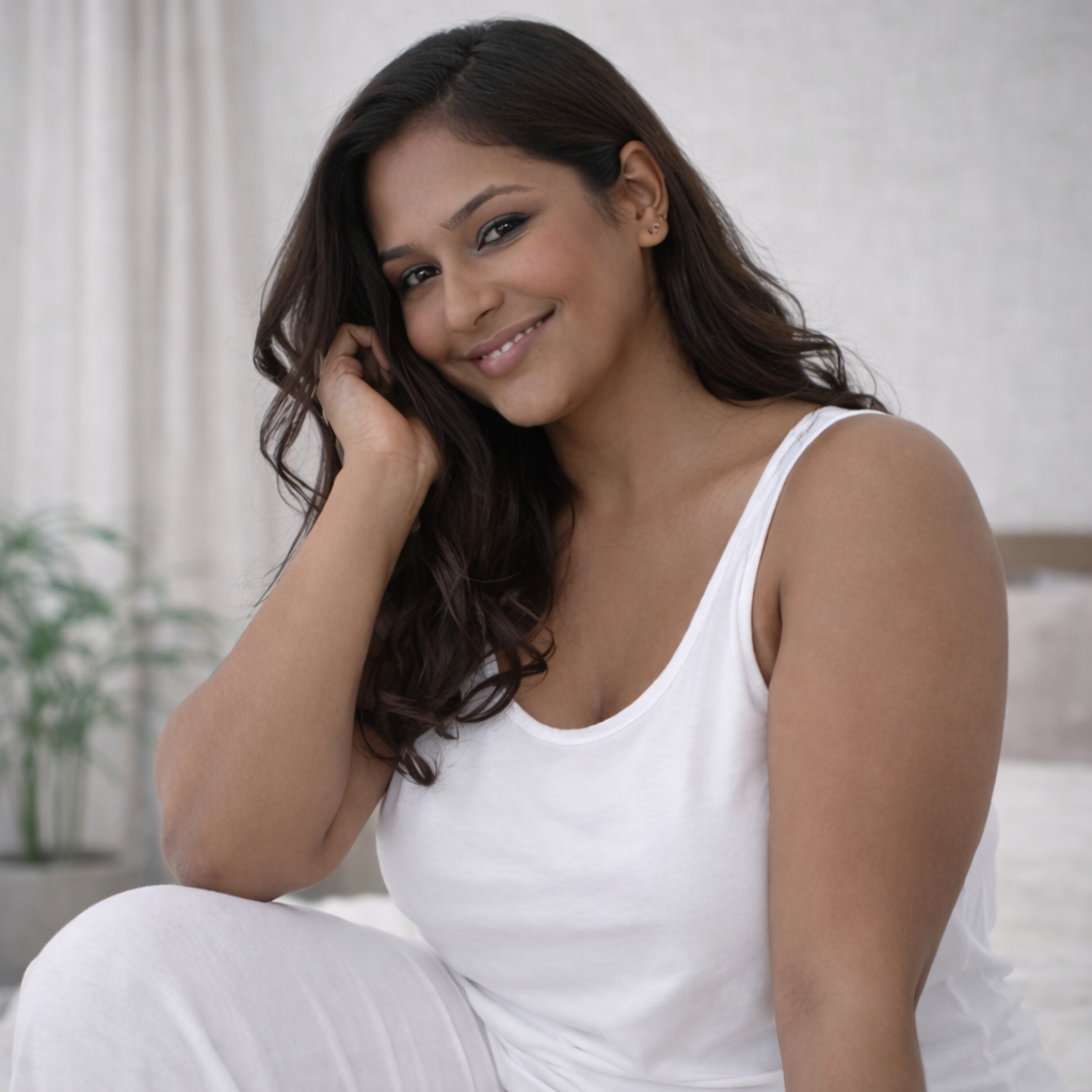 Plus size model sitting wearing white stretch camisole, soft breathable cotton lycra fabric
