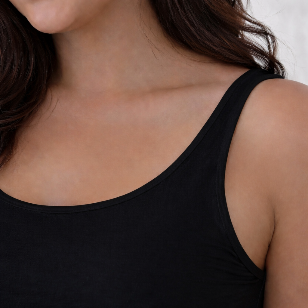 Close-up of black tone camisole neckline and fabric, showing soft stretch and smooth finish