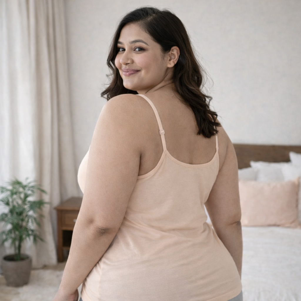 Back view of beige camisole on plus size model showing adjustable straps and smooth fit design