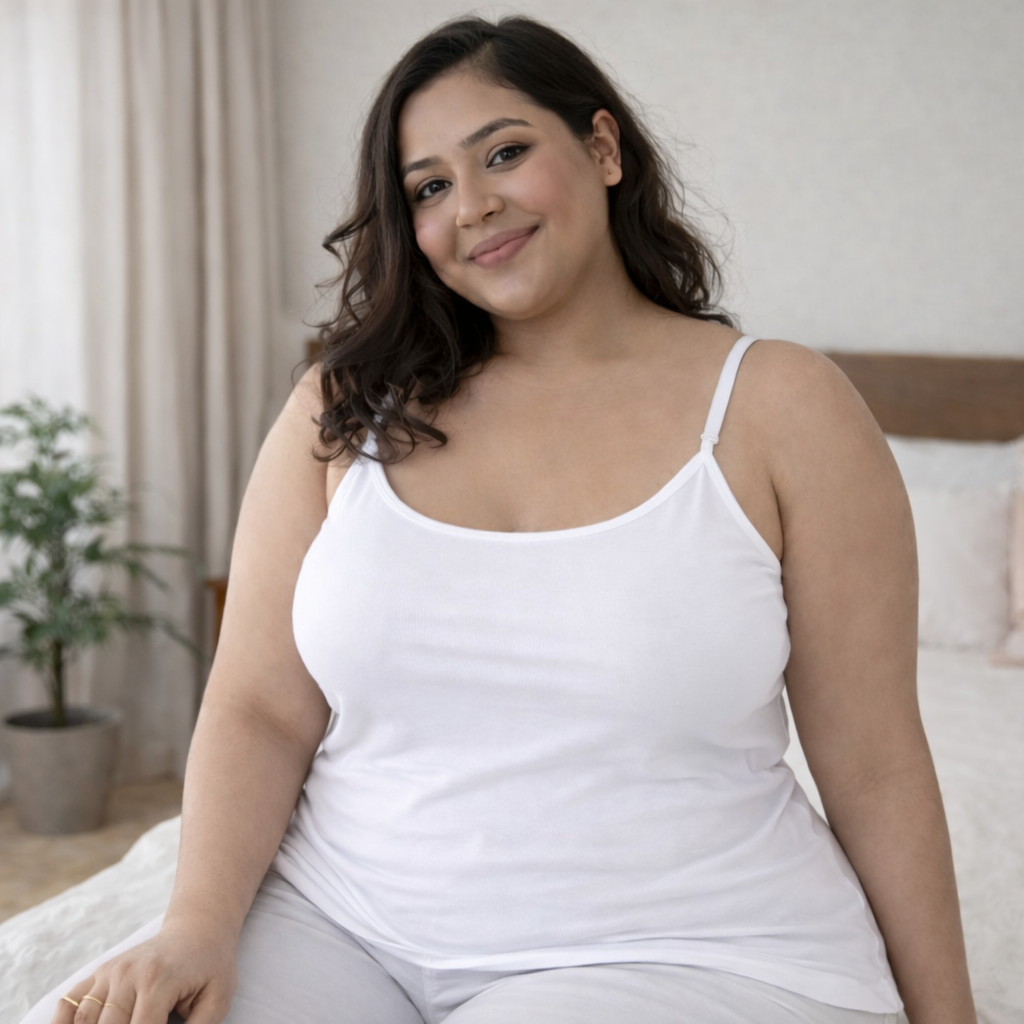Plus size model sitting comfortably wearing white stretch camisole, breathable cotton lycra fabric