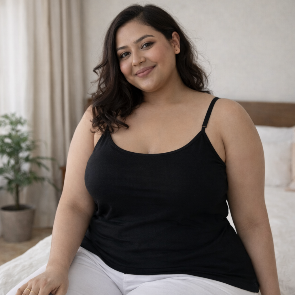Plus size model sitting comfortably wearing black stretch camisole, breathable cotton lycra fabric
