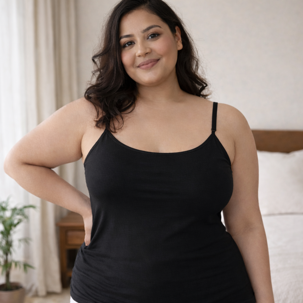 Plus size woman wearing a black cotton lycra camisole with thin straps, front view, soft indoor setting