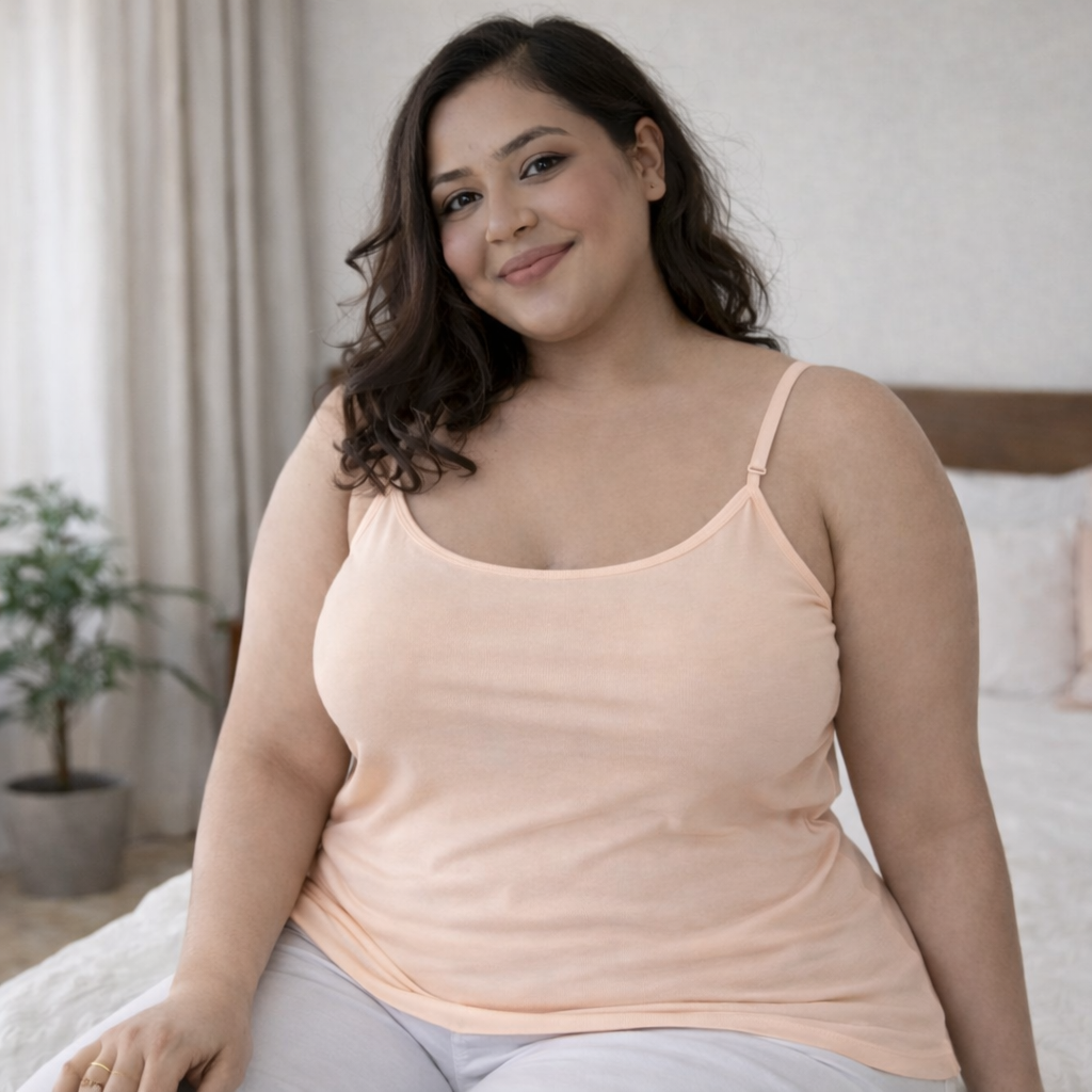 Plus size model sitting comfortably wearing beige stretch camisole, breathable cotton lycra fabric