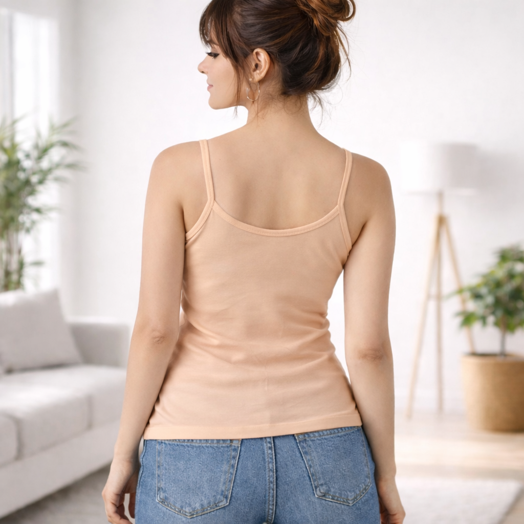 Back view of skin camisole on woman showing slim fit design