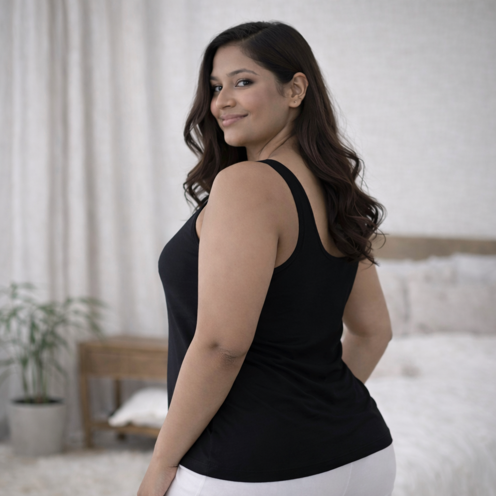 Back view of black camisole on plus size model showing smooth fit and wide shoulder straps