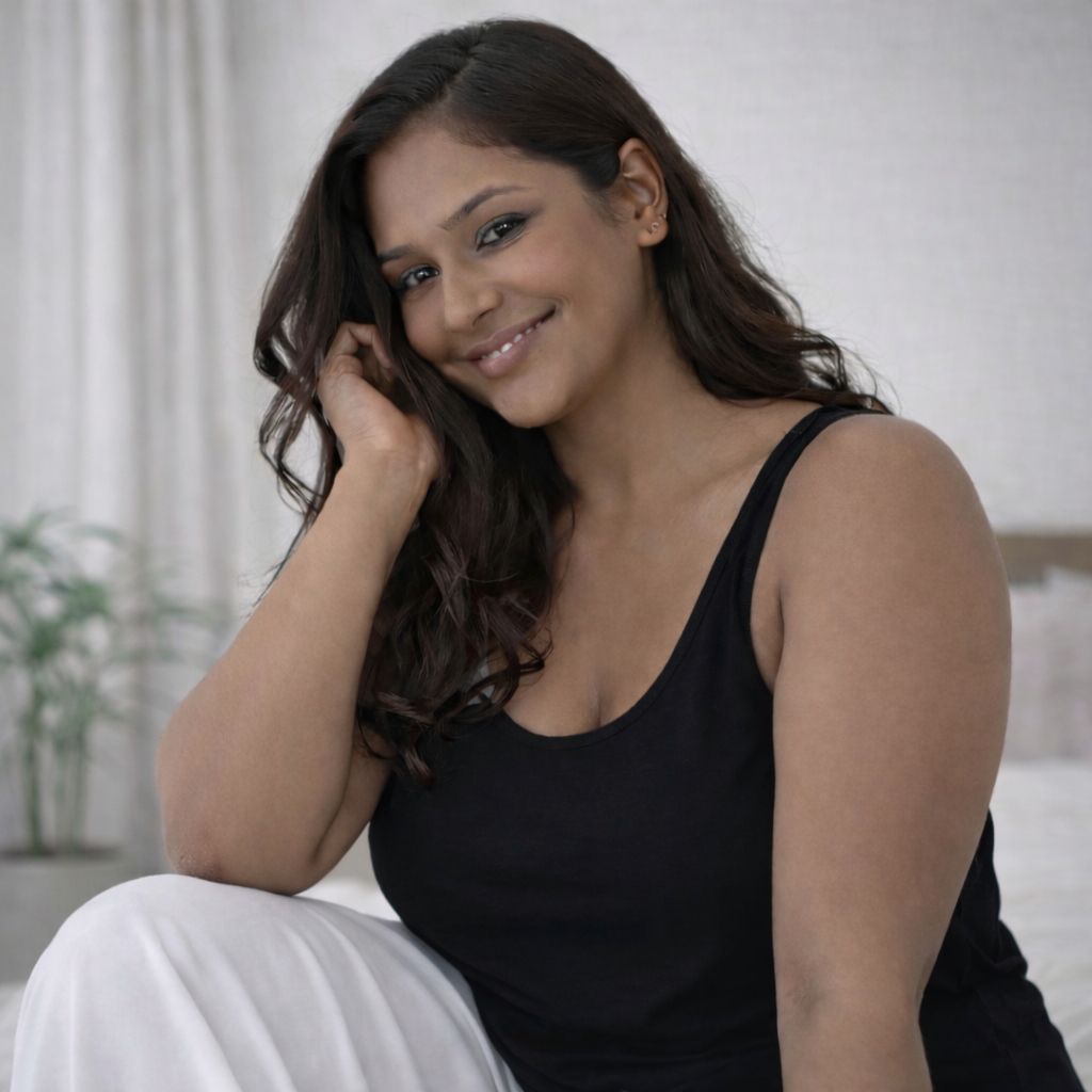 Plus size model sitting wearing black stretch camisole, soft breathable cotton lycra fabric