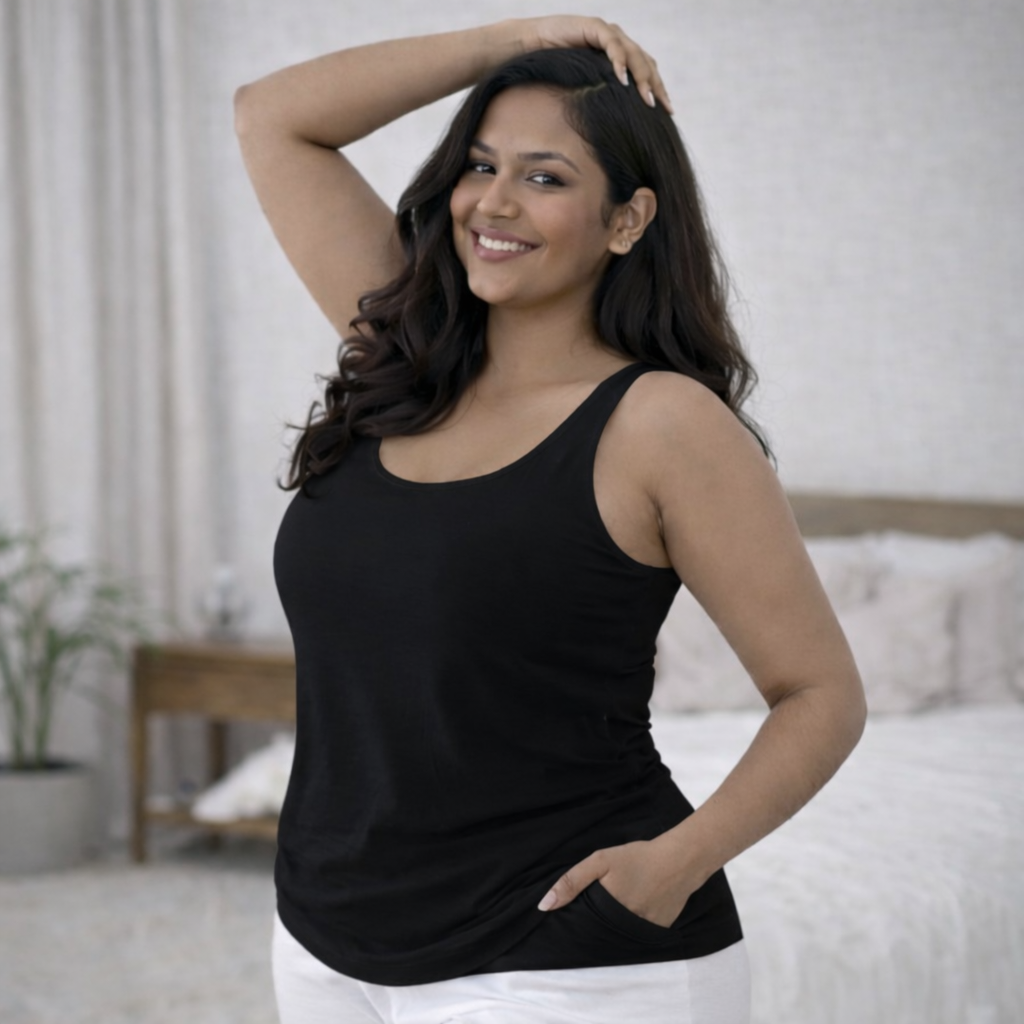 Plus size woman wearing black color cotton lycra camisole, round neck sleeveless top, front view indoor
