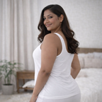 Back view of white camisole on plus size model showing smooth fit and wide shoulder straps